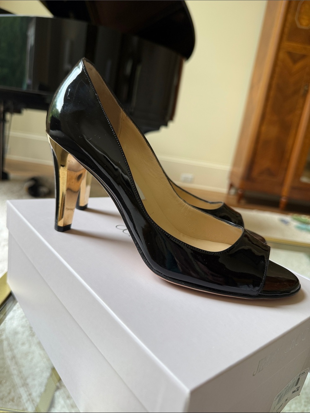 Jimmy Choo Black Patent Peep-Toe Heels with Gold Stiletto Size 8